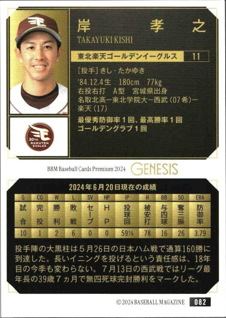 2024 Baseball Magazine Genesis Takayuki Kishi #82 baseball trading card back