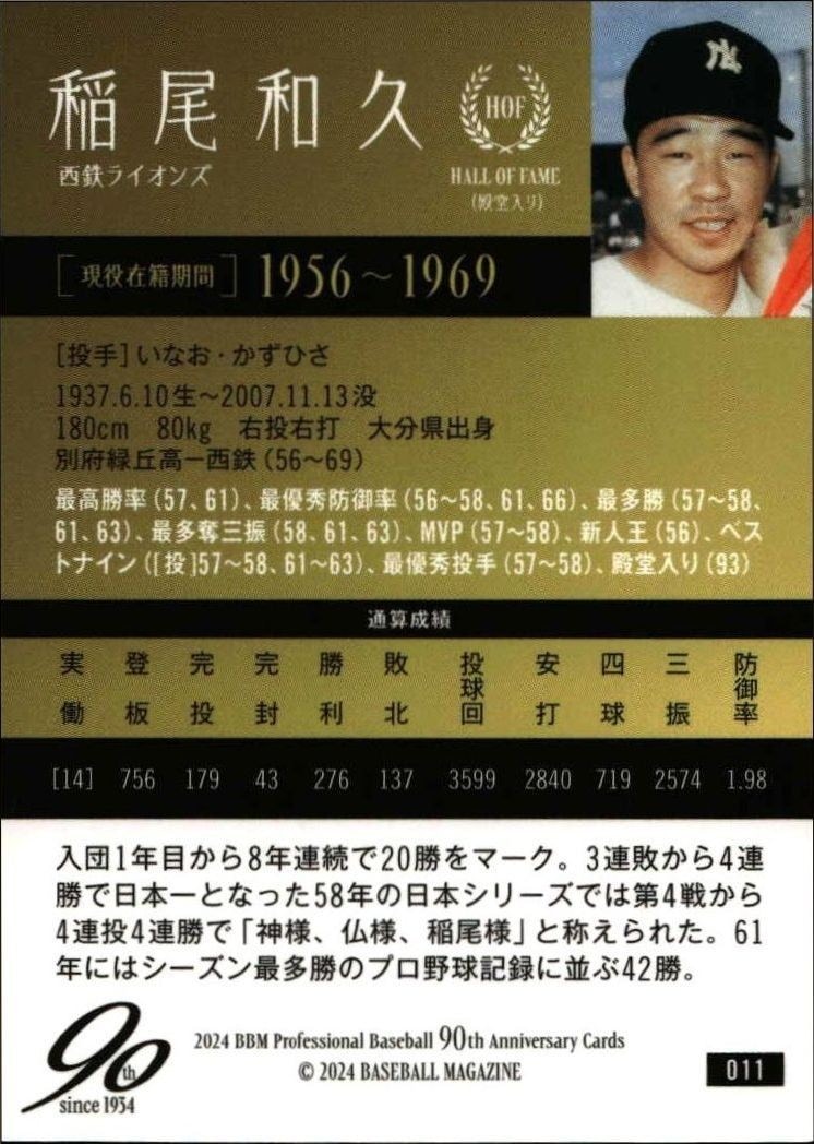 2024 Baseball Magazine 90th Aniversary Kazuhisa Inao #11 baseball trading card back