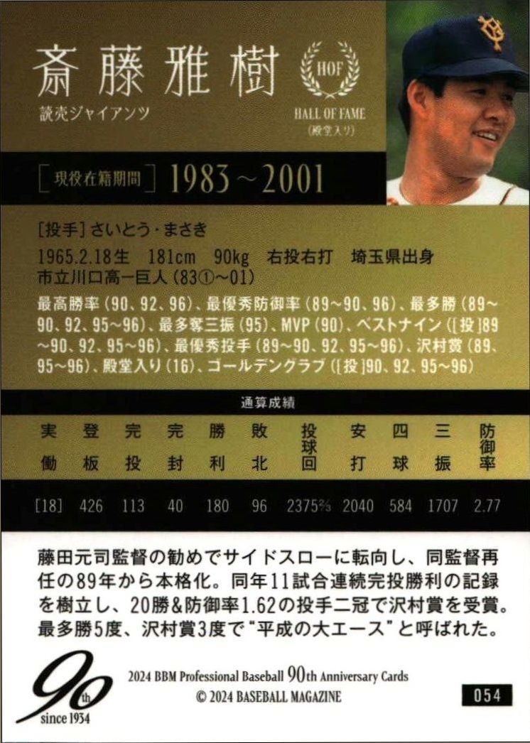 2024 Baseball Magazine 90th Aniversary Masaki Saitoh #54 baseball trading card back