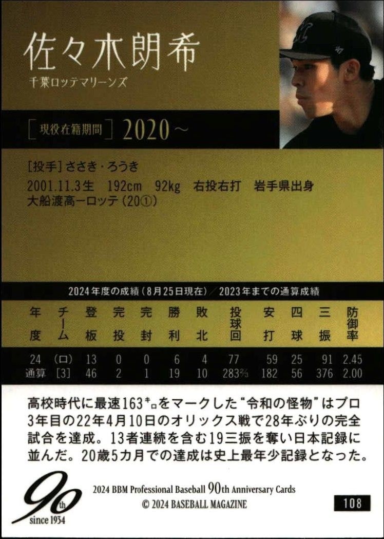 2024 Baseball Magazine 90th Aniversary Roki Sasaki #108 baseball trading card back