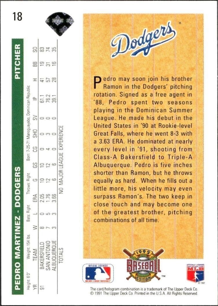 1992 Upper Deck Low Number Pedro Martinez #18 baseball trading card back
