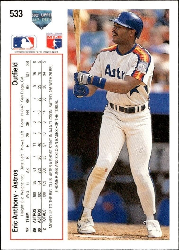 1991 Upper Deck Low Number Eric Anthony #533 baseball trading card back