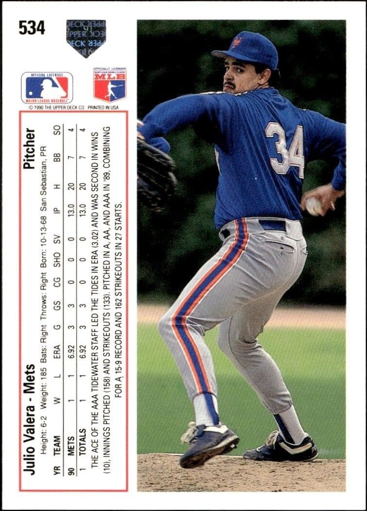 1991 Upper Deck Low Number Julio Valera #534 baseball trading card back