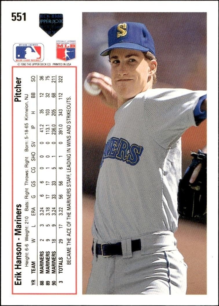 1991 Upper Deck Low Number Erik Hanson #551 baseball trading card back