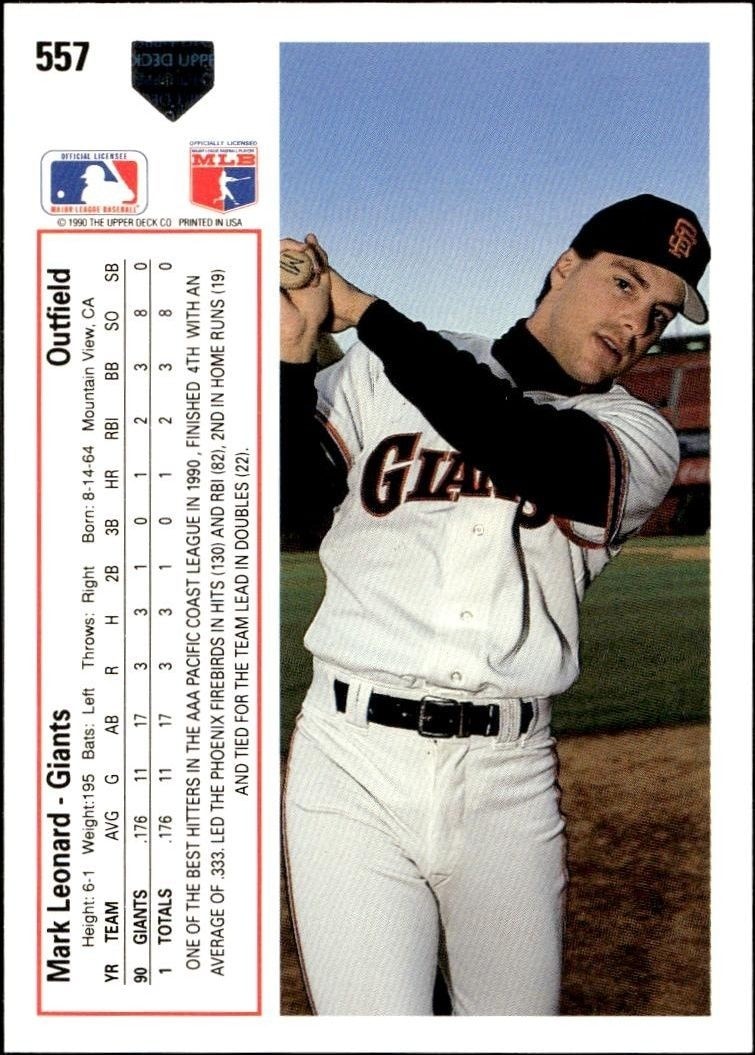 1991 Upper Deck Low Number Mark Leonard #557 baseball trading card back