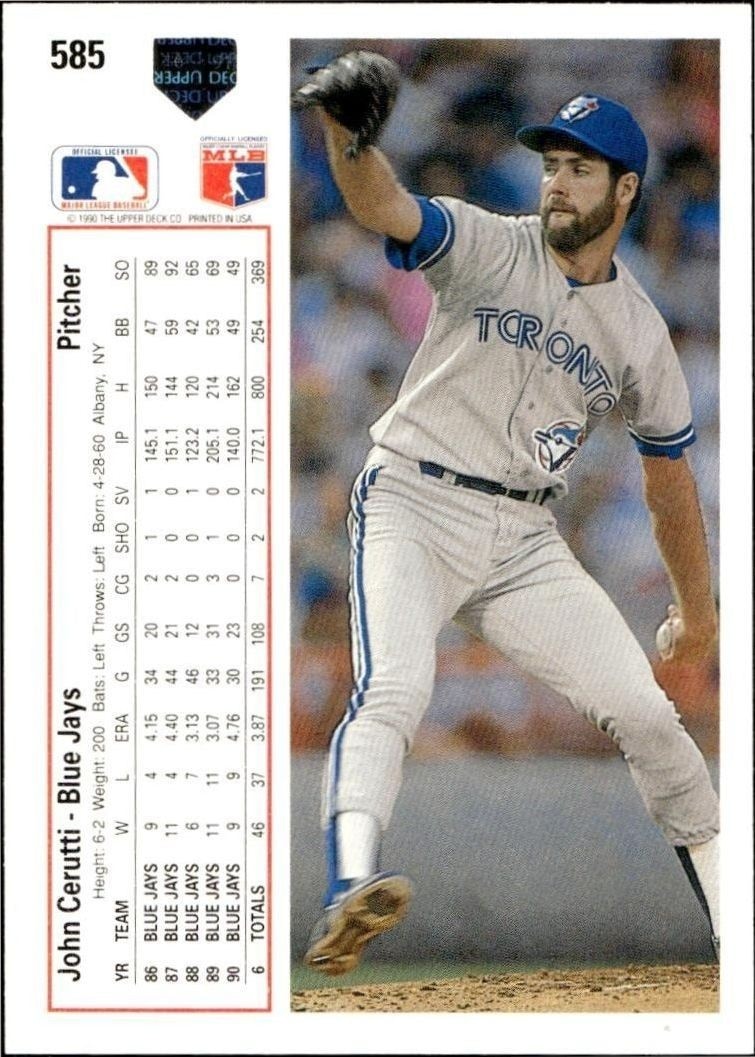 1991 Upper Deck Low Number John Cerutti #585 baseball trading card back