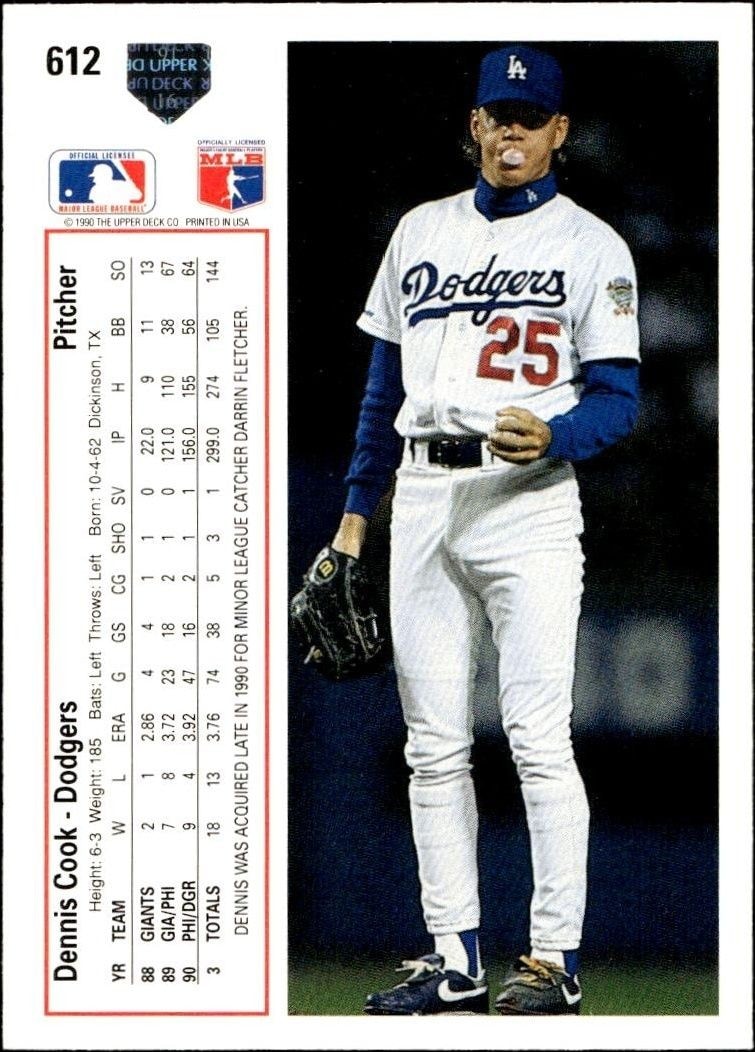 1991 Upper Deck Low Number Dennis Cook #612 baseball trading card back