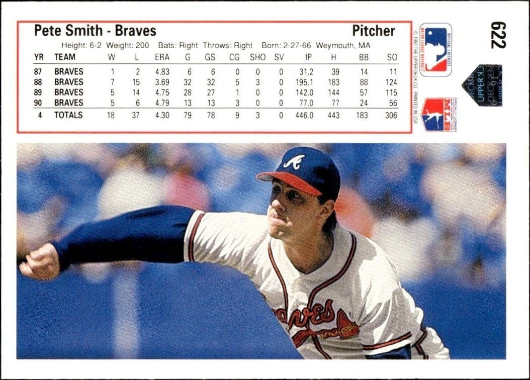 1991 Upper Deck Low Number Pete Smith #622 baseball trading card back