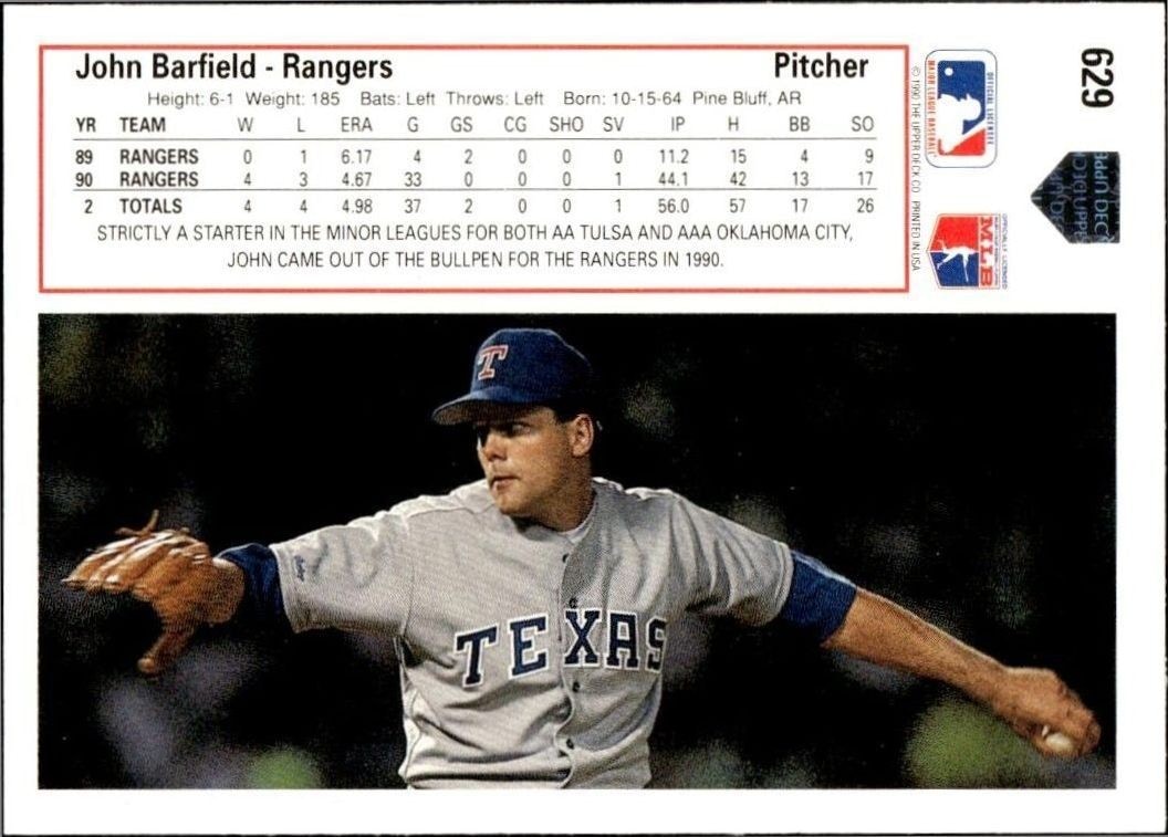1991 Upper Deck Low Number John Barfield #629 baseball trading card back