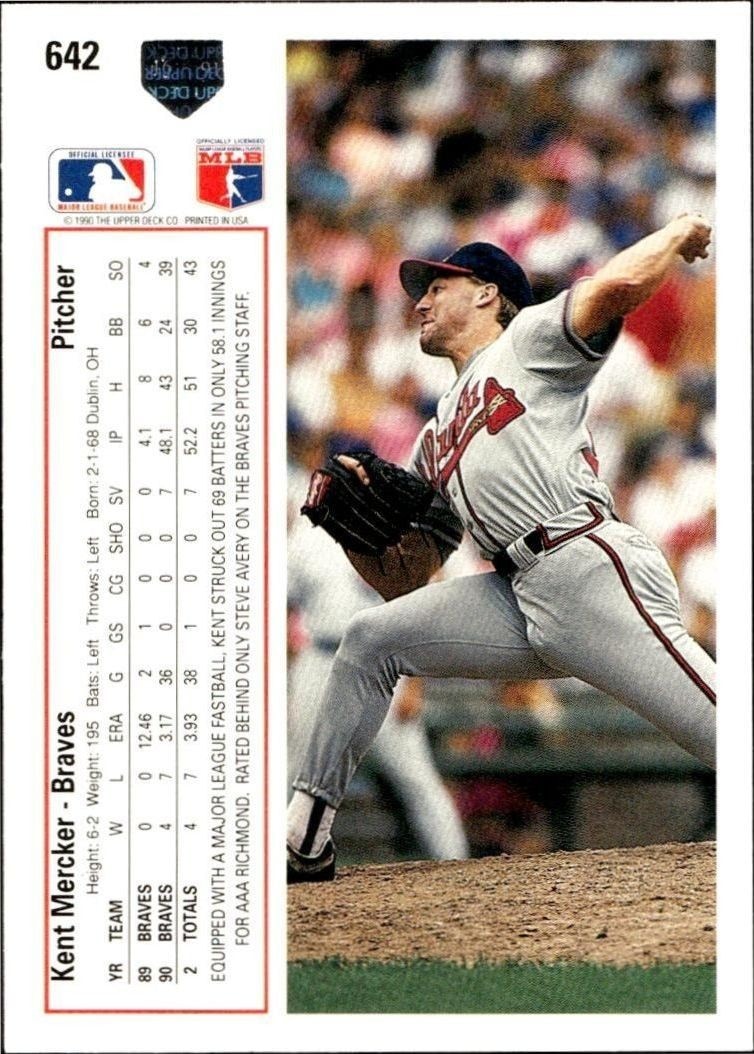 1991 Upper Deck Low Number Kent Mercker #642 baseball trading card back