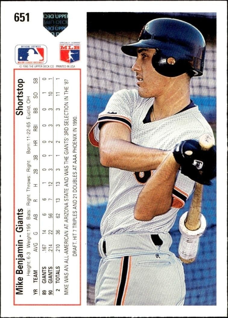 1991 Upper Deck Low Number Mike Benjamin #651 baseball trading card back