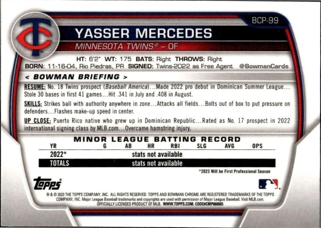 2023 Bowman Yasser Mercedes #BCP-99 baseball trading card back