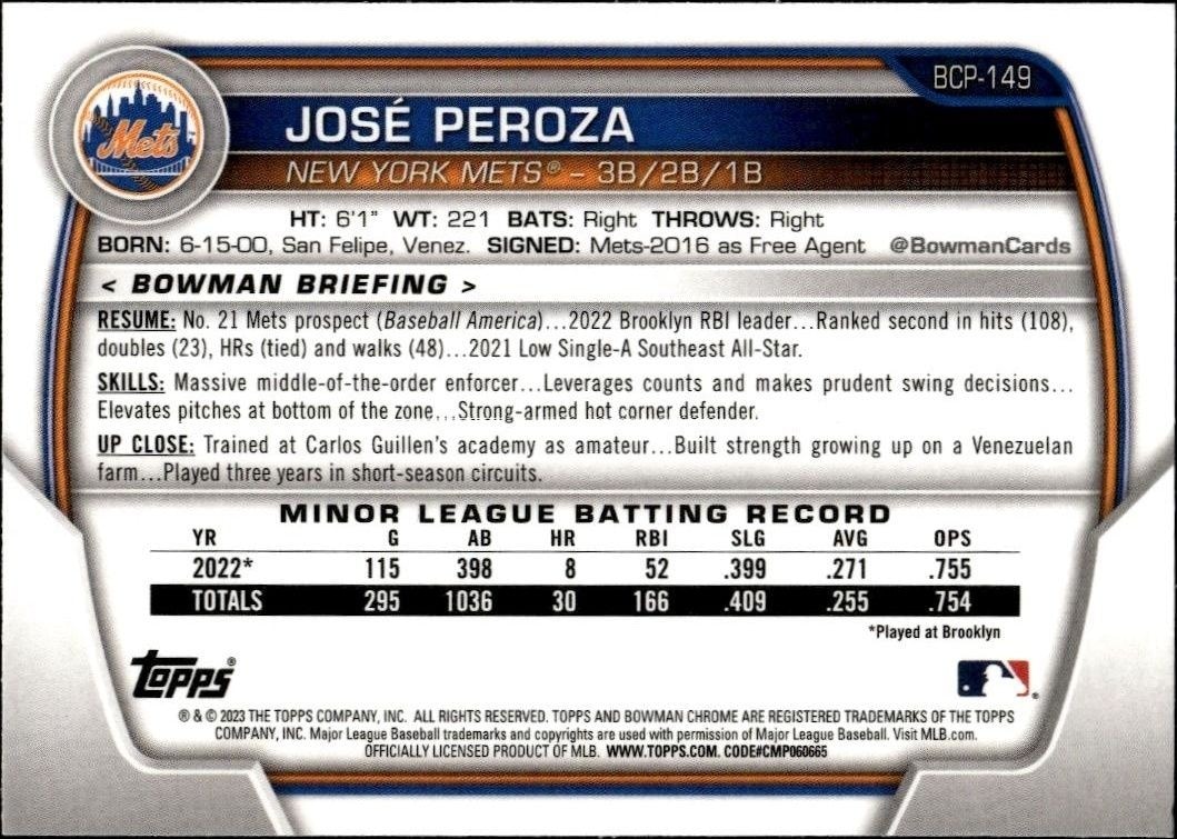 2023 Bowman Jose Peroza #BCP-149 baseball trading card back
