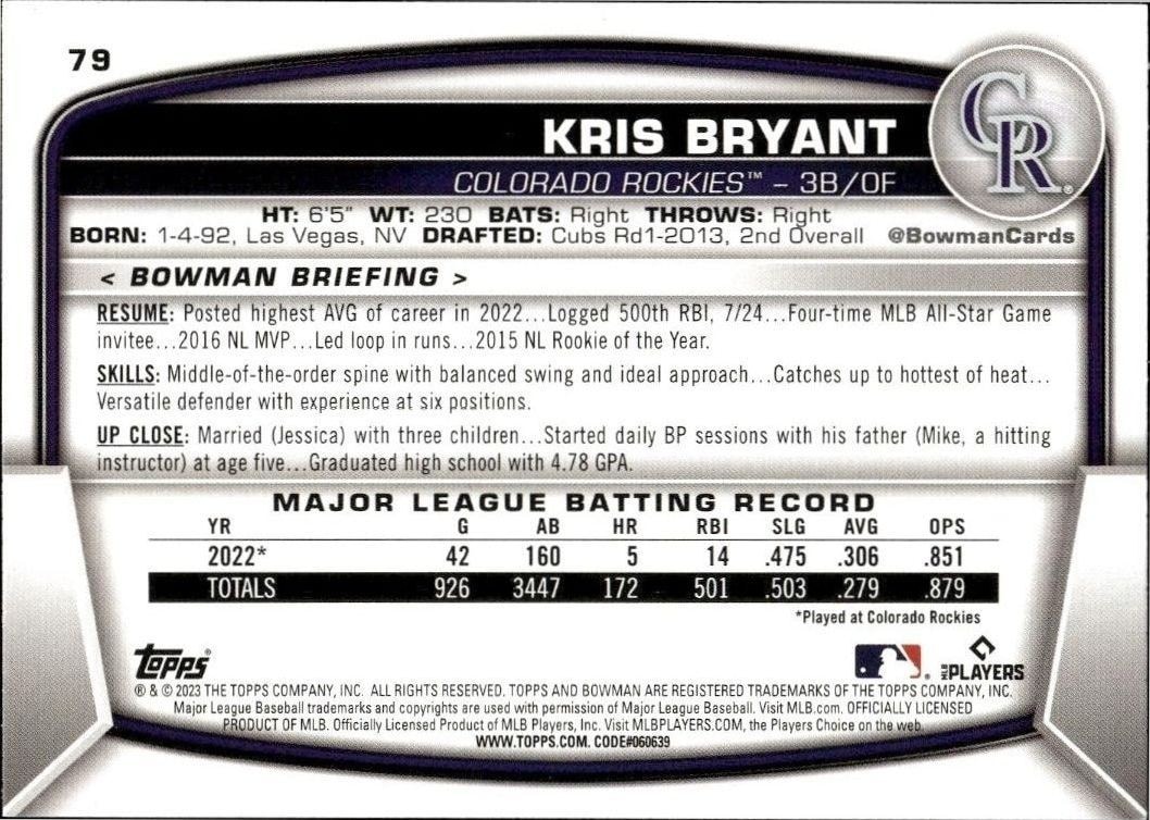 2023 Bowman Kris Bryant #79 baseball trading card back