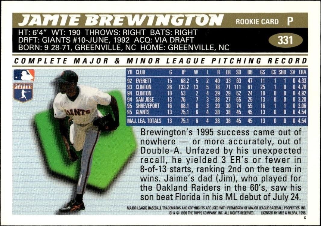 1996 Topps Series 2 Jamie Brewington #331 baseball trading card back