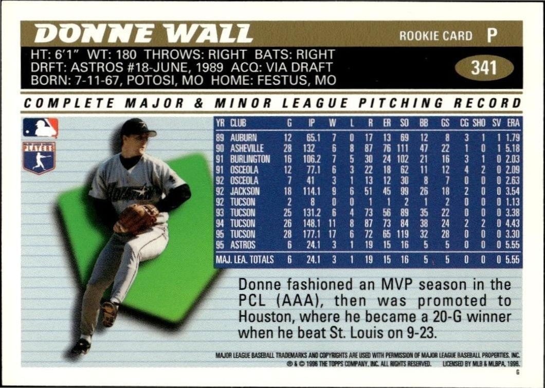 1996 Topps Series 2 Donne Wall #341 baseball trading card back