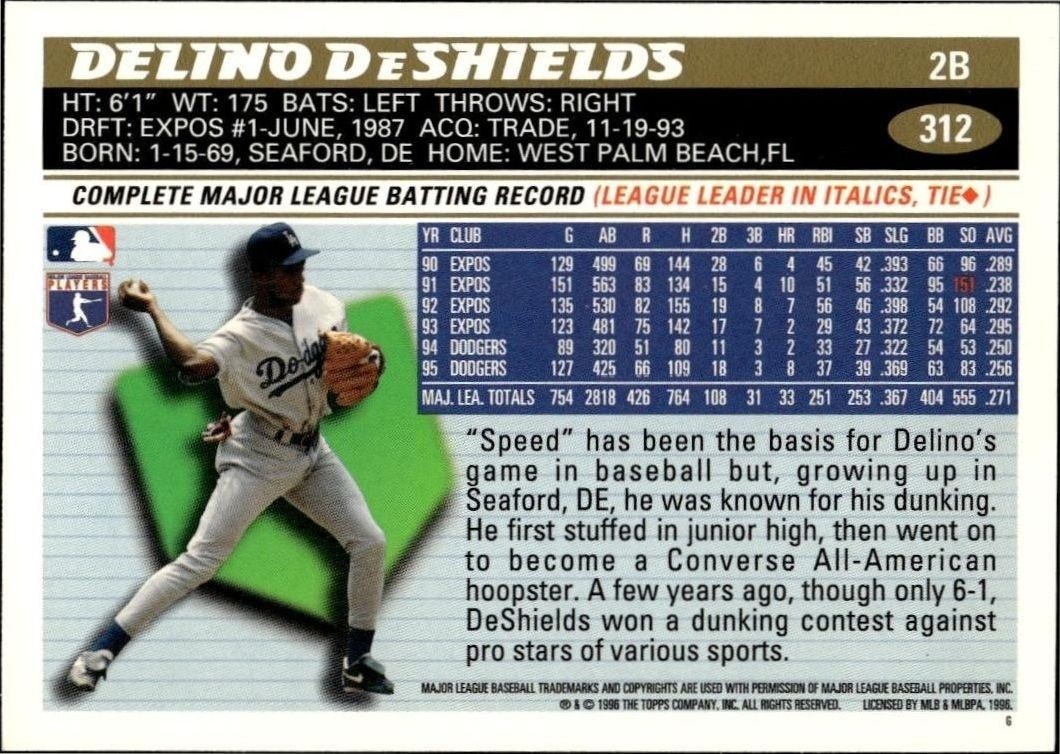 1996 Topps Series 2 Delino DeShields #312 baseball trading card back