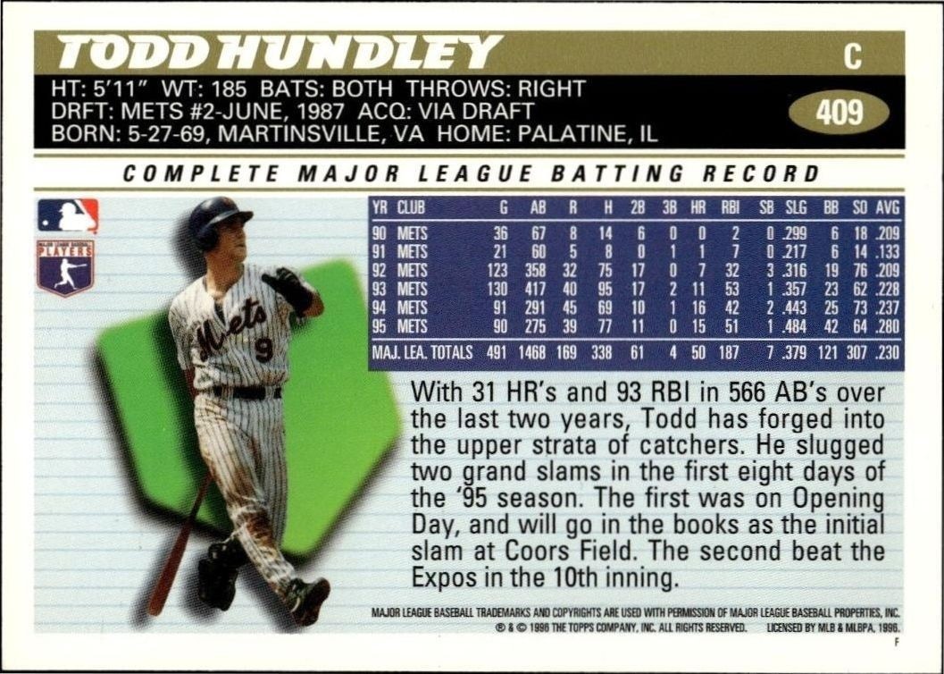 1996 Topps Series 2 Todd Hundley #409 baseball trading card back