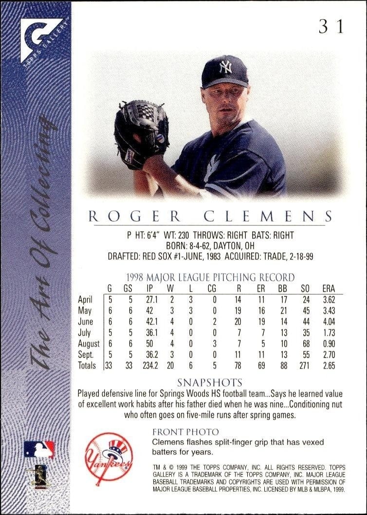 1999 Topps Gallery Roger Clemens #31 baseball trading card back