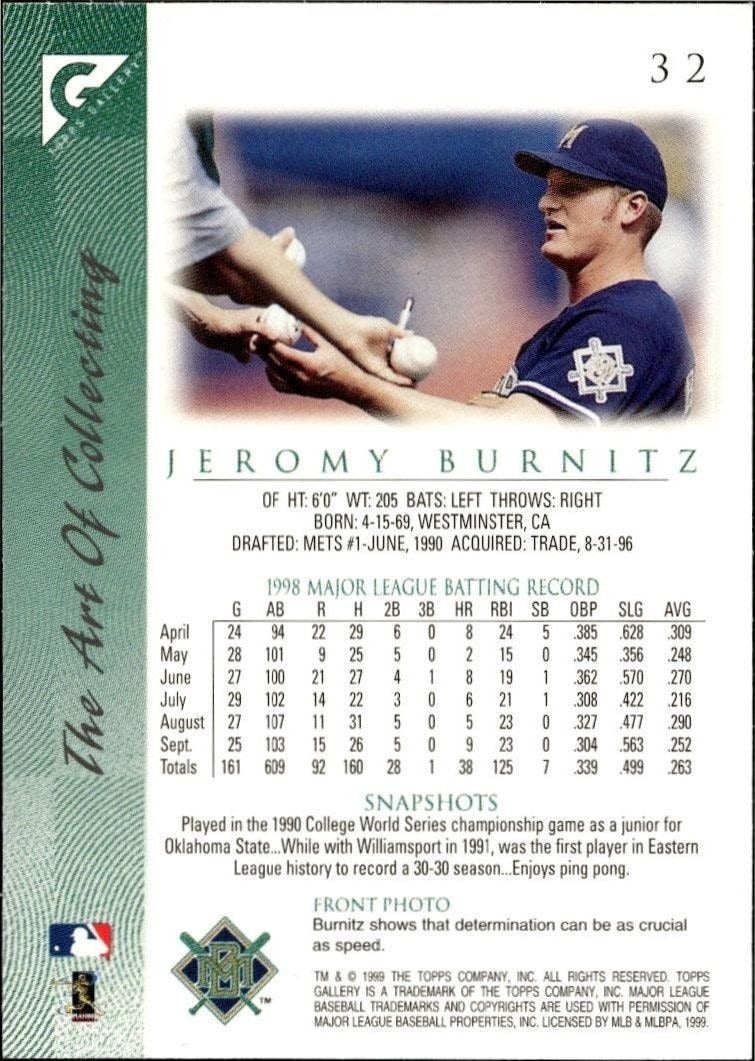 1999 Topps Gallery Jeromy Burnitz #32 baseball trading card back