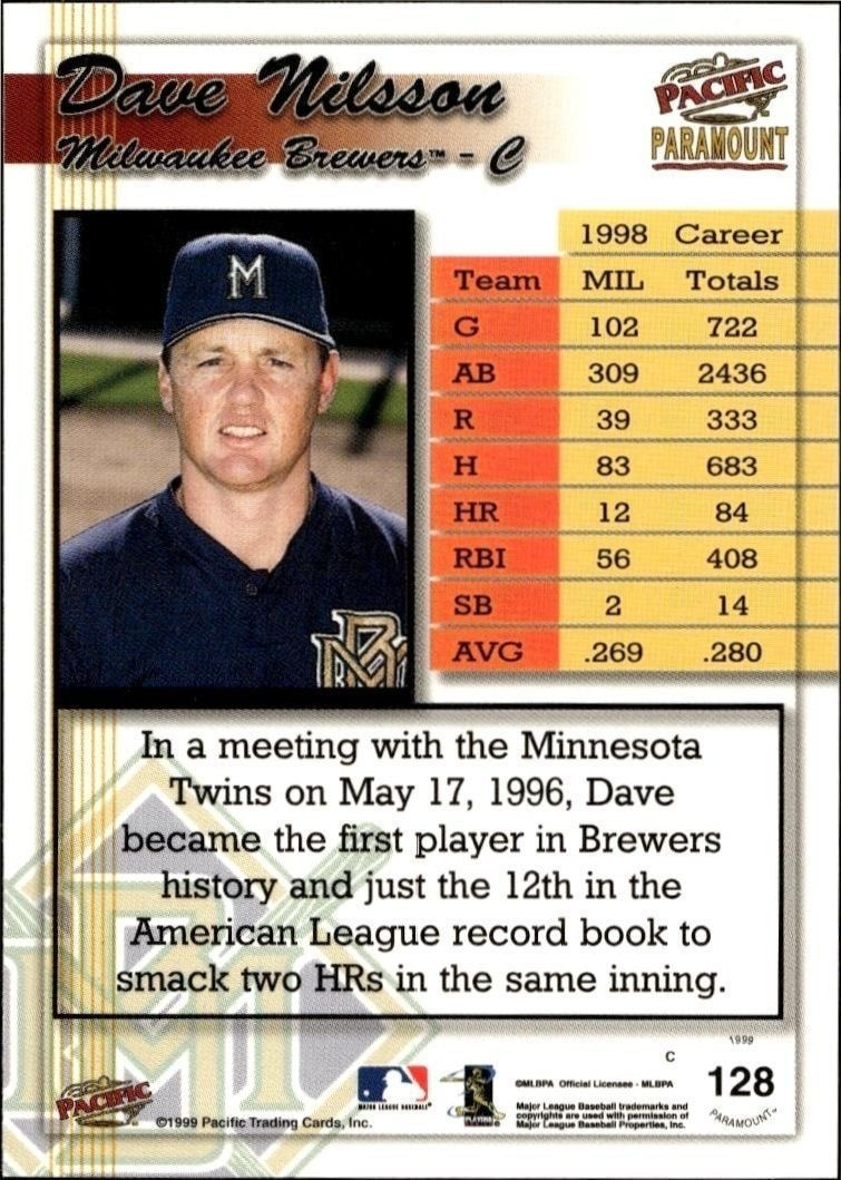 1999 Pacific Paramount Dave Nilsson #128 baseball trading card back