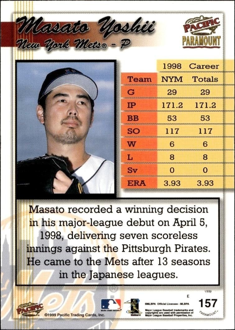 1999 Pacific Paramount Masato Yoshii #157 baseball trading card back