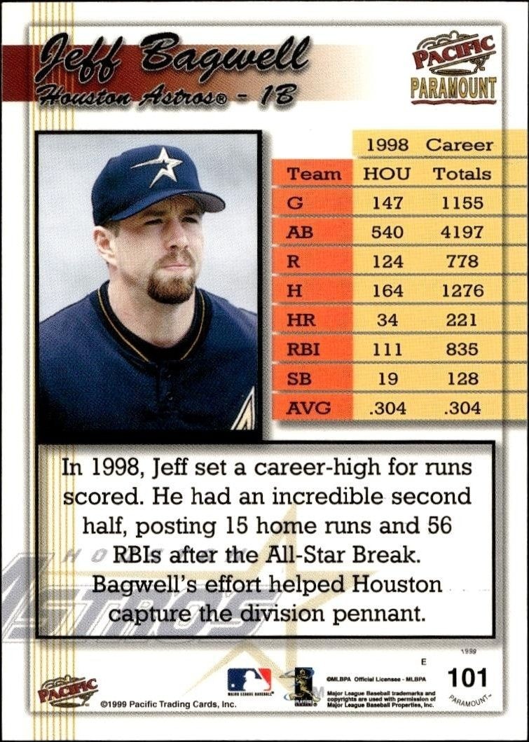 1999 Pacific Paramount Jeff Bagwell #101 baseball trading card back