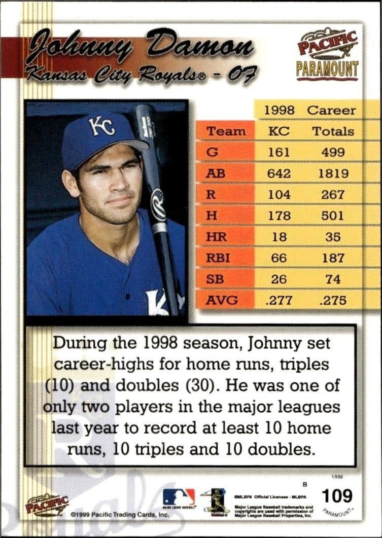 1999 Pacific Paramount Johnny Damon #109 baseball trading card back