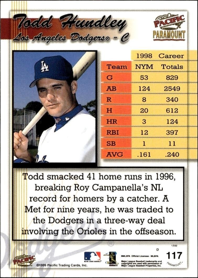 1999 Pacific Paramount Todd Hundley #117 baseball trading card back
