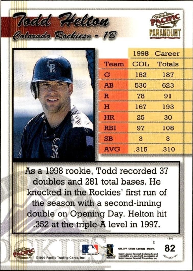 1999 Pacific Paramount Todd Helton #82 baseball trading card back