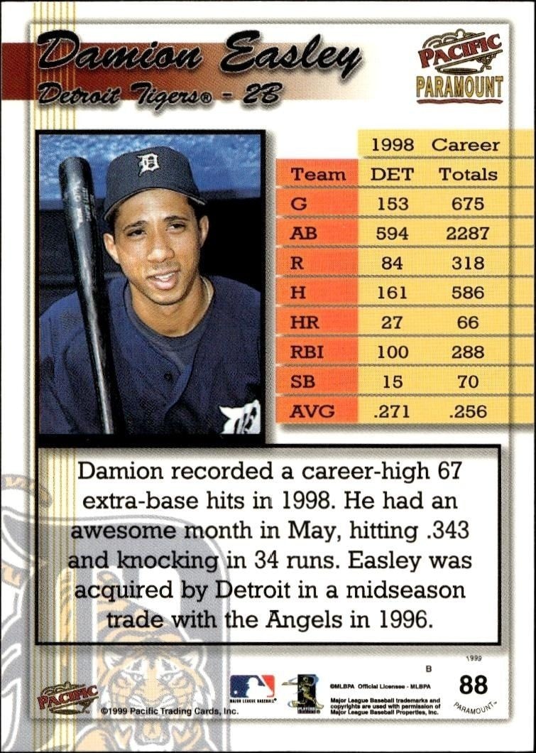 1999 Pacific Paramount Damion Easley #88 baseball trading card back