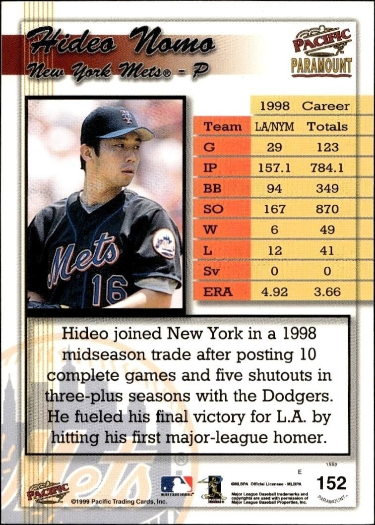 1999 Pacific Paramount Hideo Nomo #152 baseball trading card back
