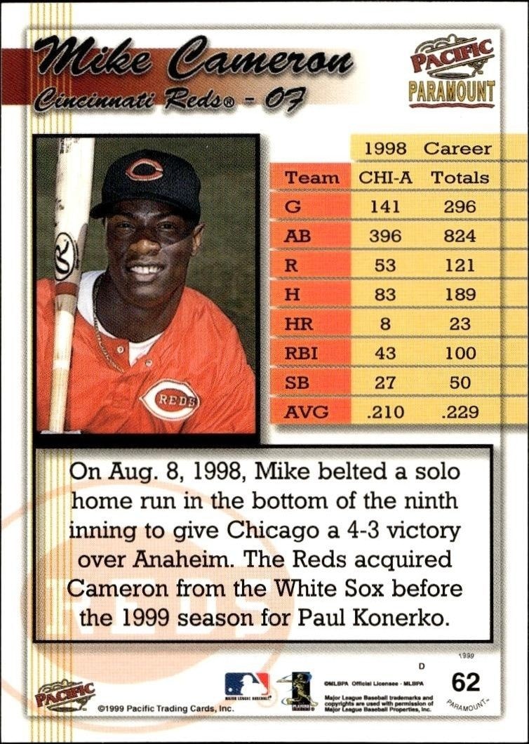 1999 Pacific Paramount Mike Cameron #62 baseball trading card back