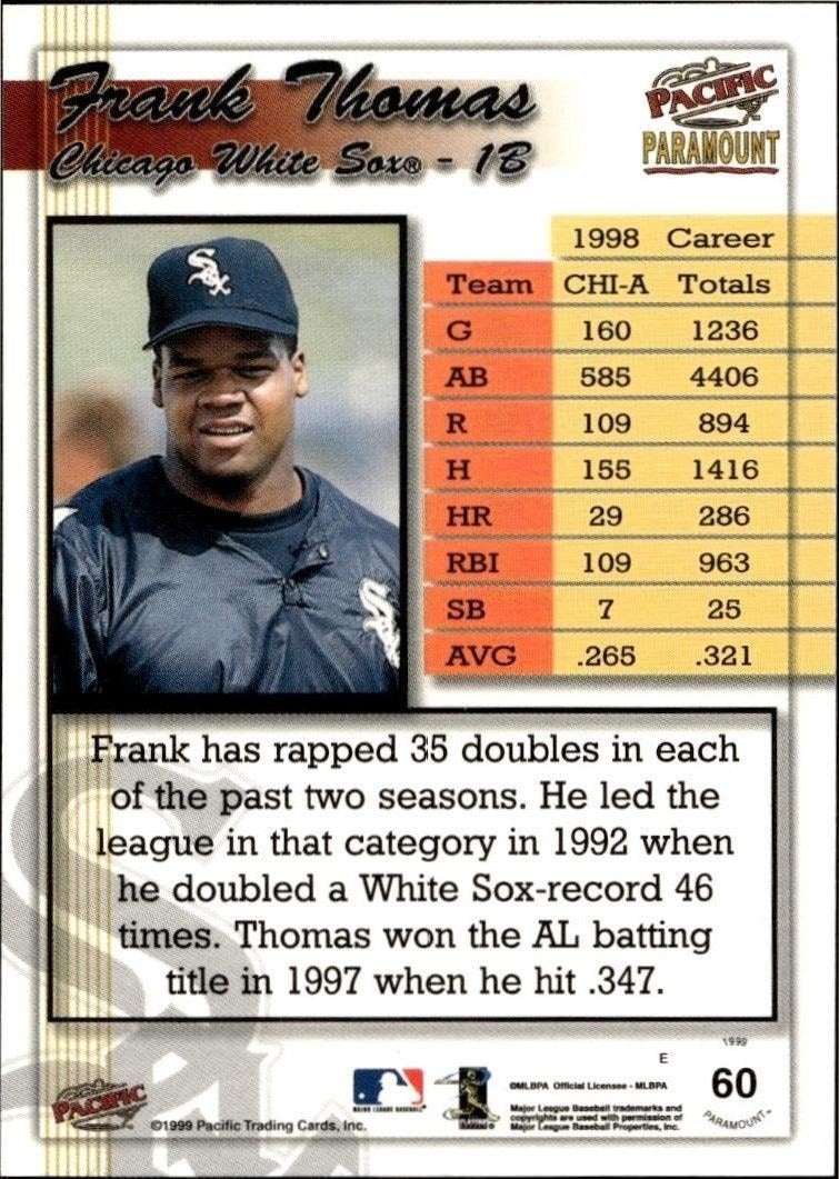 1999 Pacific Paramount Frank Thomas #60 baseball trading card back