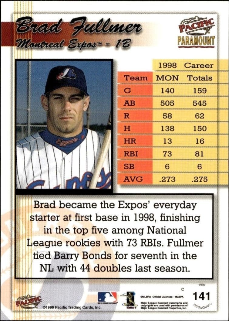 1999 Pacific Paramount Brad Fullmer #141 baseball trading card back