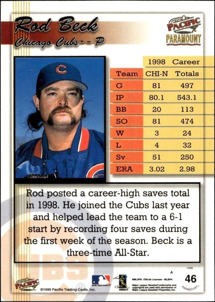 1999 Pacific Paramount Rod Beck #46 baseball trading card back