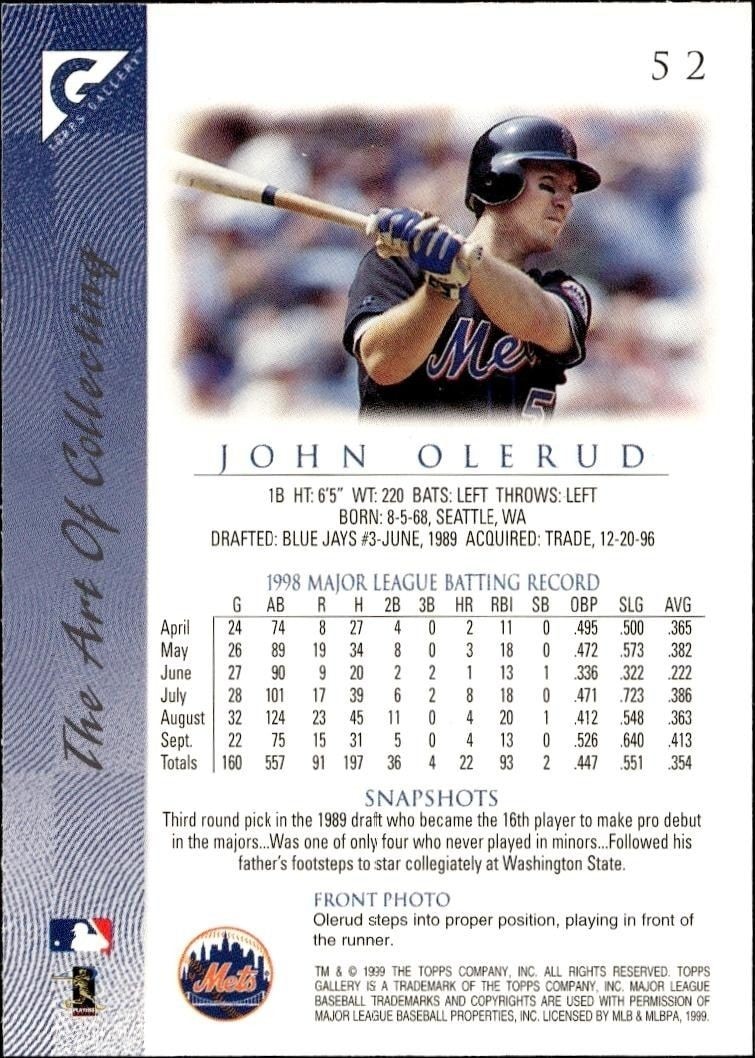 1999 Topps Gallery John Olerud #52 baseball trading card back
