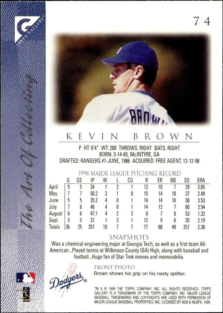 1999 Topps Gallery Kevin Brown #74 baseball trading card back
