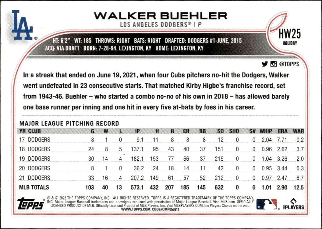2022 Topps Holiday Walker Buehler #HW25 baseball trading card back