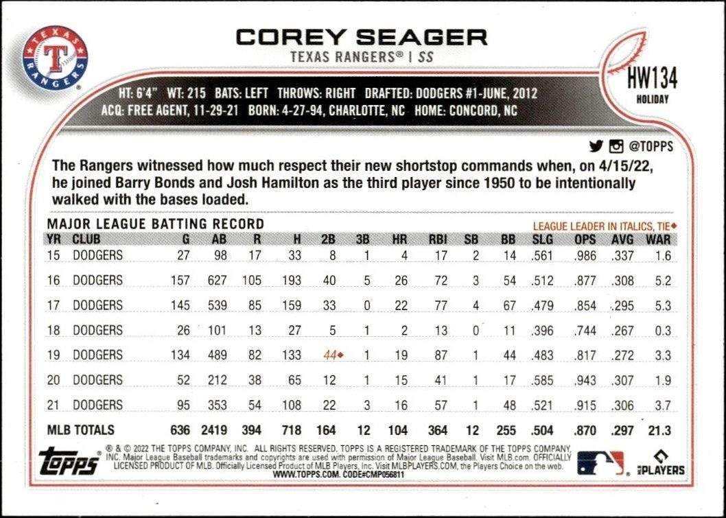 2022 Topps Holiday Corey Seager #HW134 baseball trading card back
