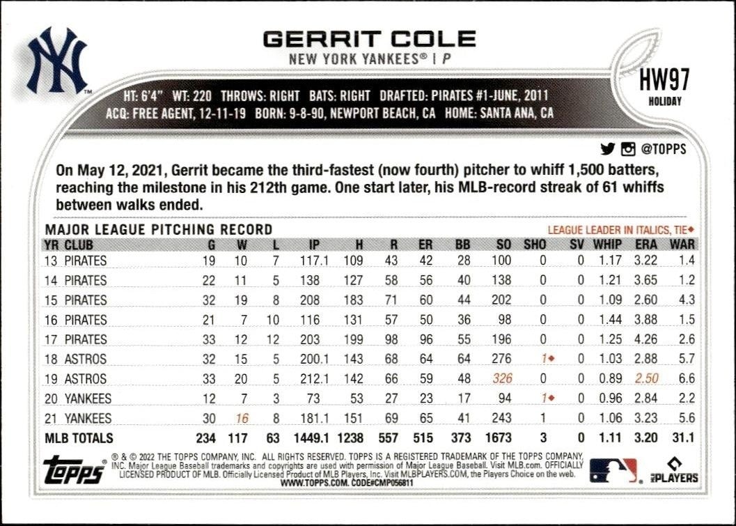 2022 Topps Holiday Gerrit Cole #HW97 baseball trading card back