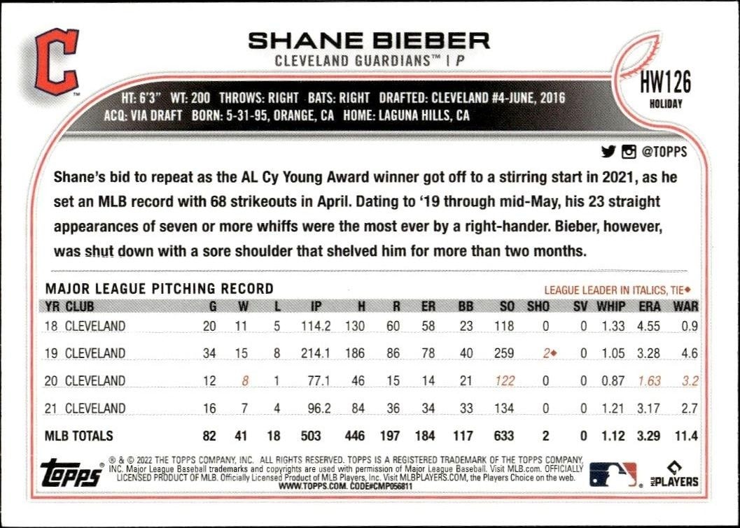 2022 Topps Holiday Shane Bieber #HW126 baseball trading card back