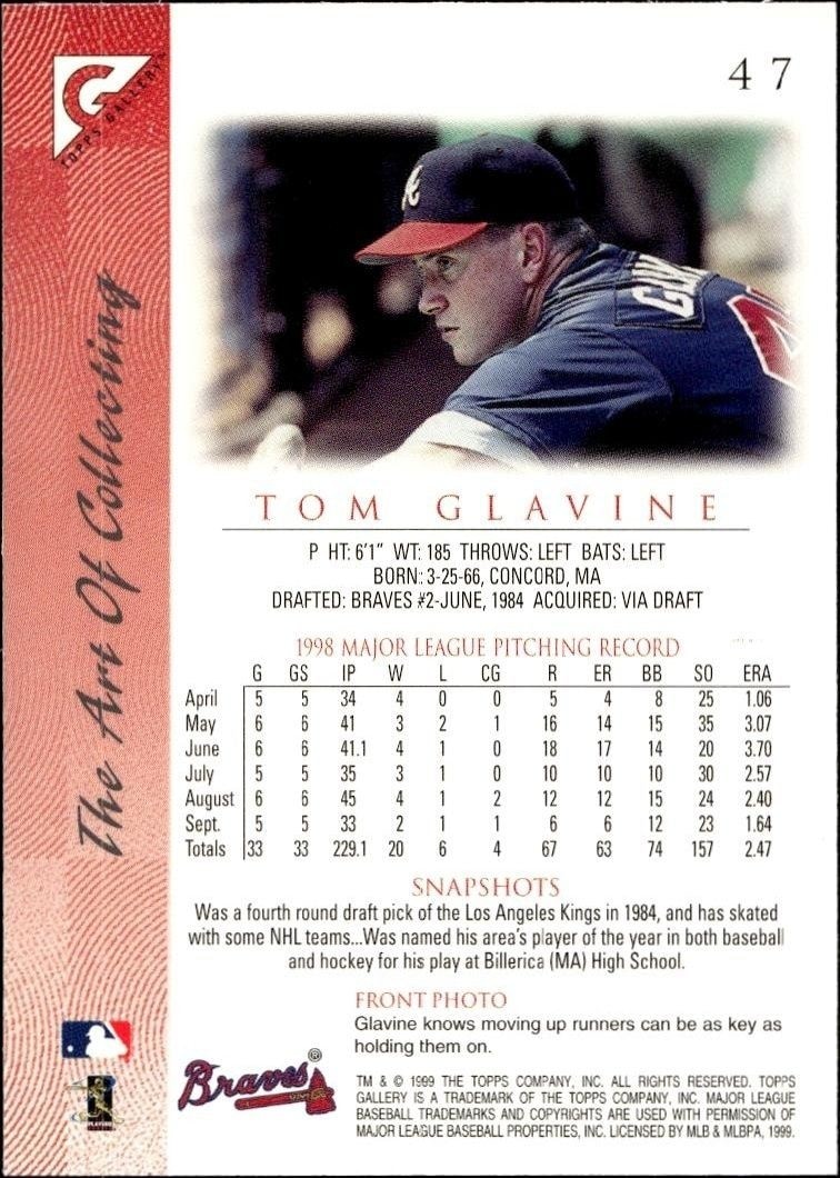 1999 Topps Gallery Tom Glavine #47 baseball trading card back