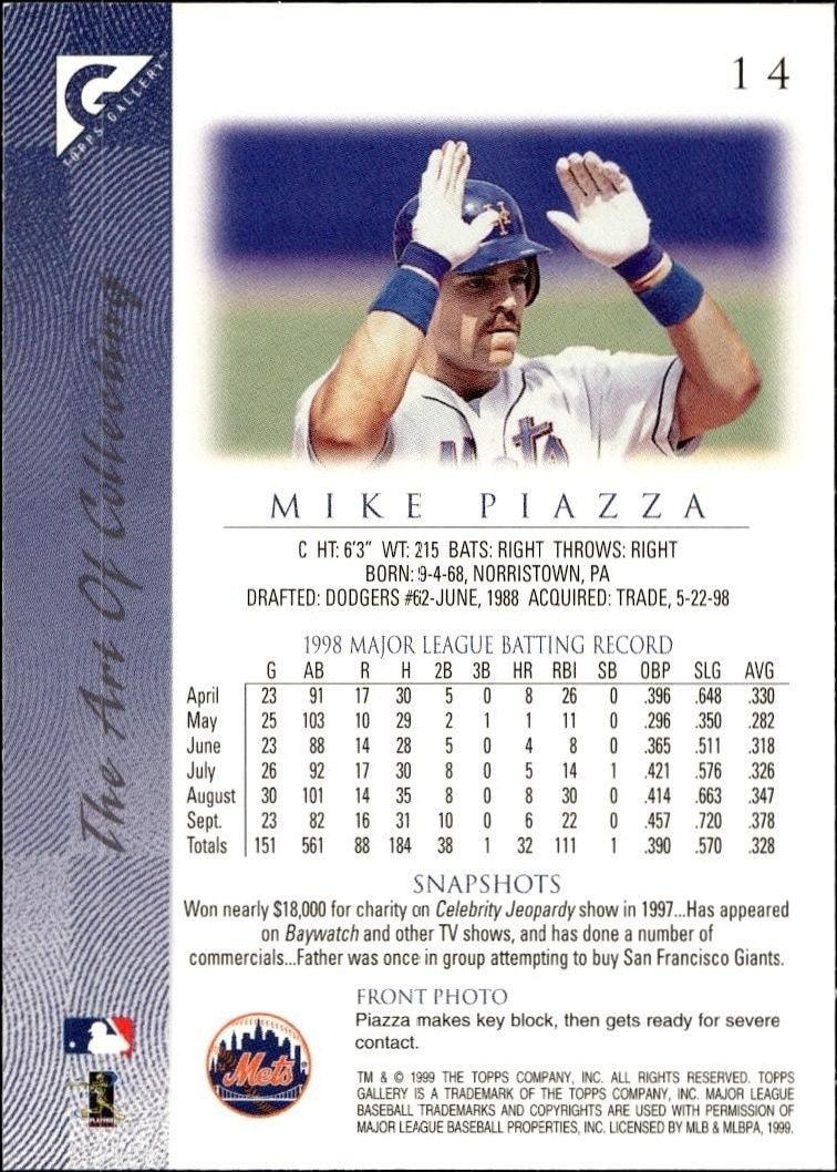 1999 Topps Gallery Mike Piazza #14 baseball trading card back