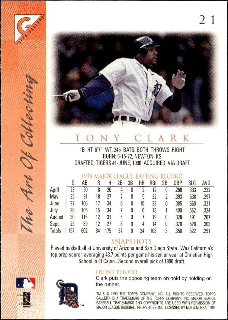 1999 Topps Gallery Tony Clark #21 baseball trading card back
