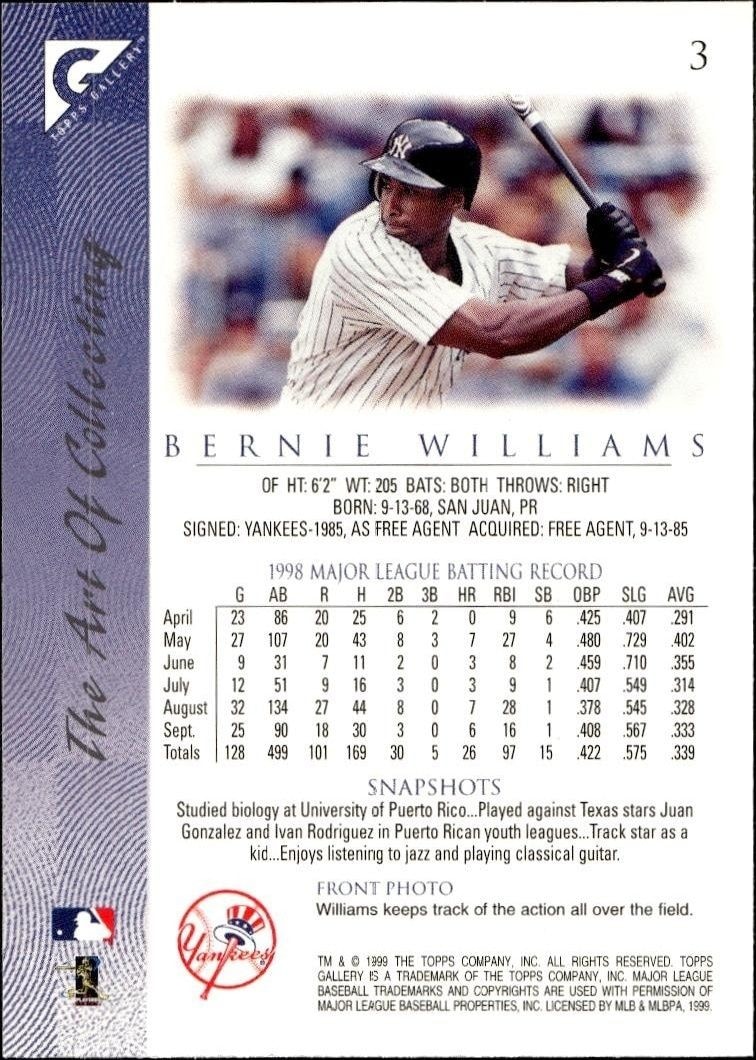 1999 Topps Gallery Bernie Williams #3 baseball trading card back