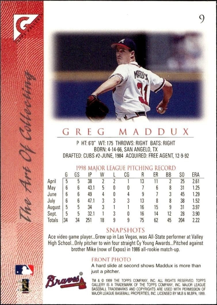 1999 Topps Gallery Greg Maddux #9 baseball trading card back