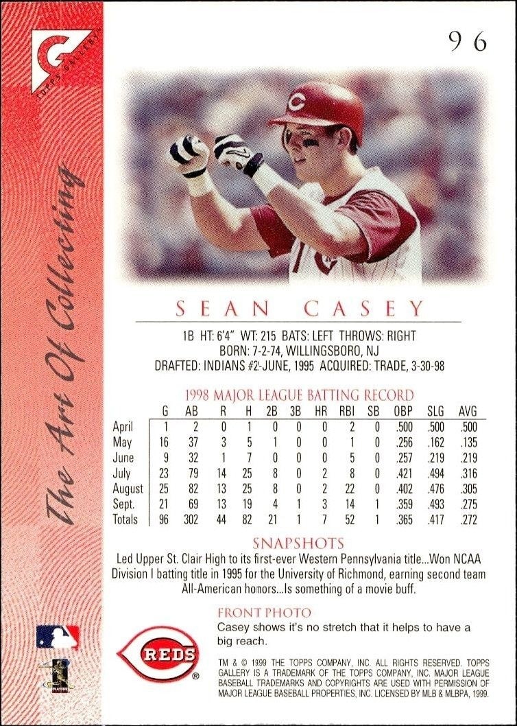 1999 Topps Gallery Sean Casey #96 baseball trading card back