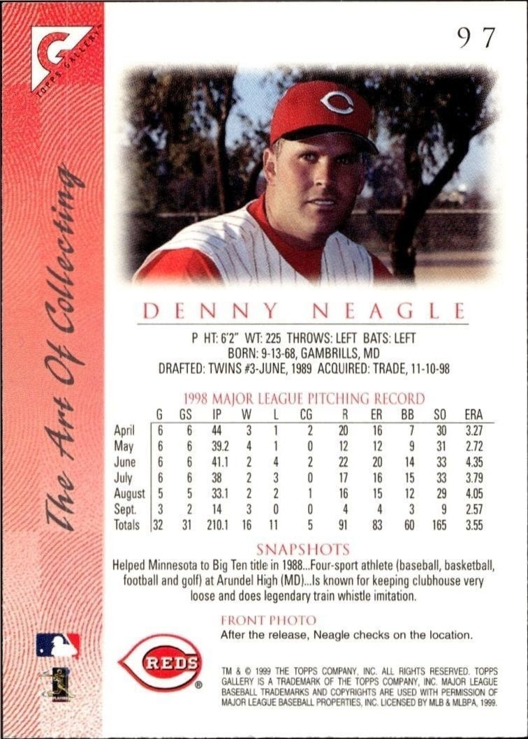 1999 Topps Gallery Denny Neagle #97 baseball trading card back