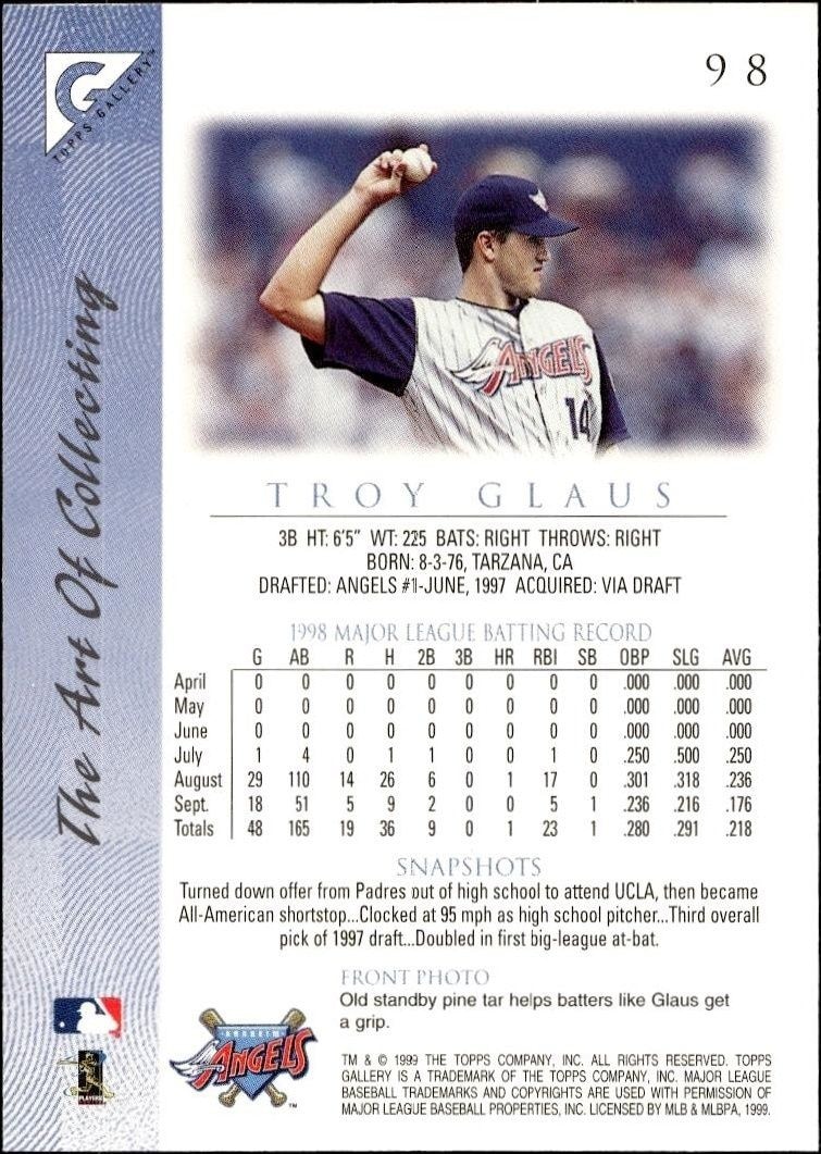 1999 Topps Gallery Troy Glaus #98 baseball trading card back